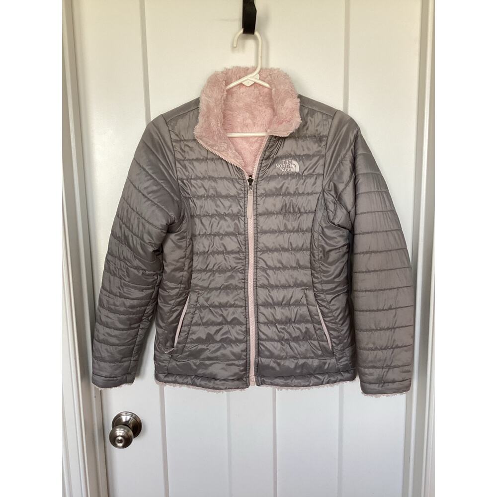 The North Face Reversible Mossbud Swirl Puffer Jacket Full Zip Gray Large 14/16